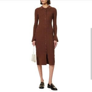 PAIGE Sundara Slim cotton/silk ribbed collared Midi Dress Chocolate Brown Medium